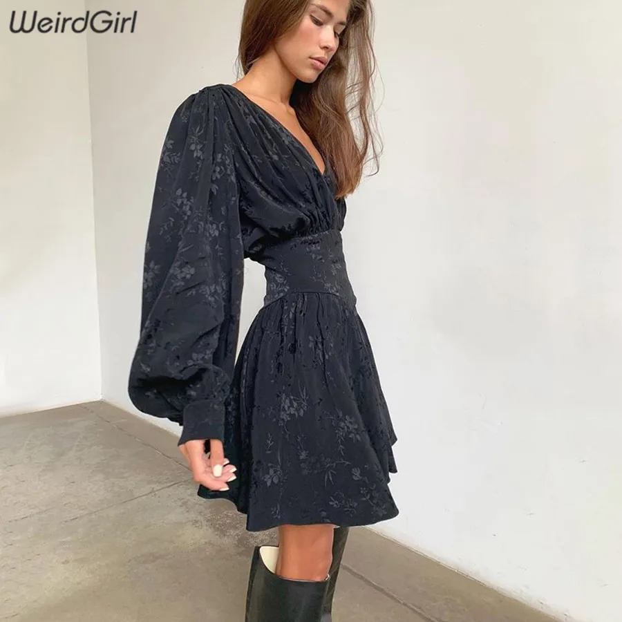 Weridgirl женское французское ретро платье с цветочным узором, высокая улица, тонкое, сексуальное, v-образный вырез, пышные рукава, свободное, осень, новинка, vestidos