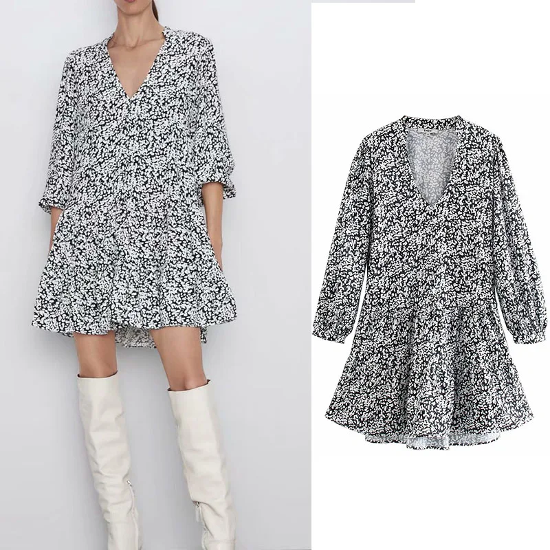 

za 2019 women dress floral print v-neck long sleeve dress mini vestidos casual chic a-line high waist vestido mujer