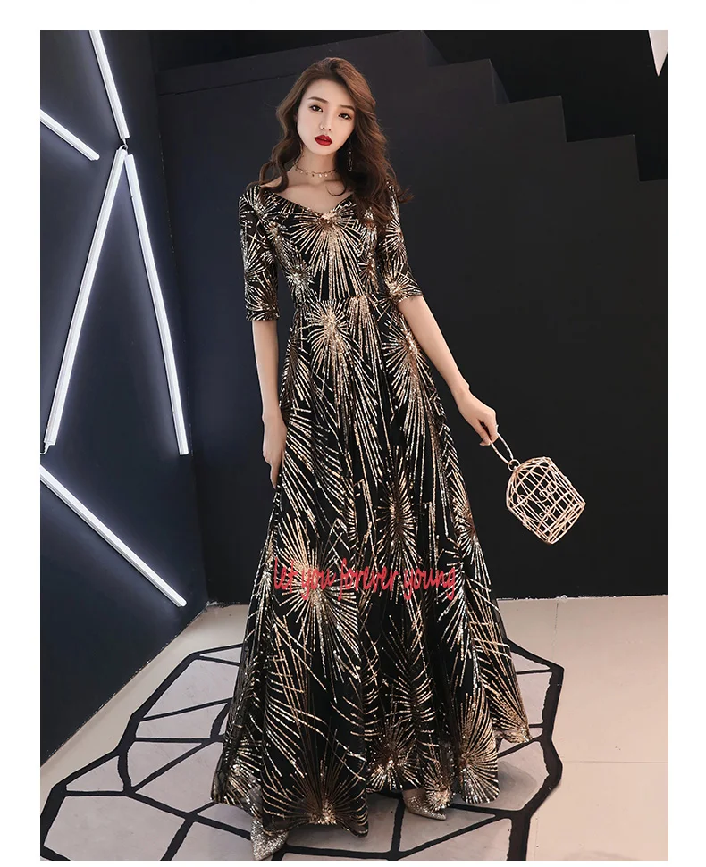 plus size formal dresses & gowns Robe De Soiree Evening Dress 2022 Gold Sequined Crystal O-Neck Black Floor-length Dinner Gowns RU56 formal gowns for women