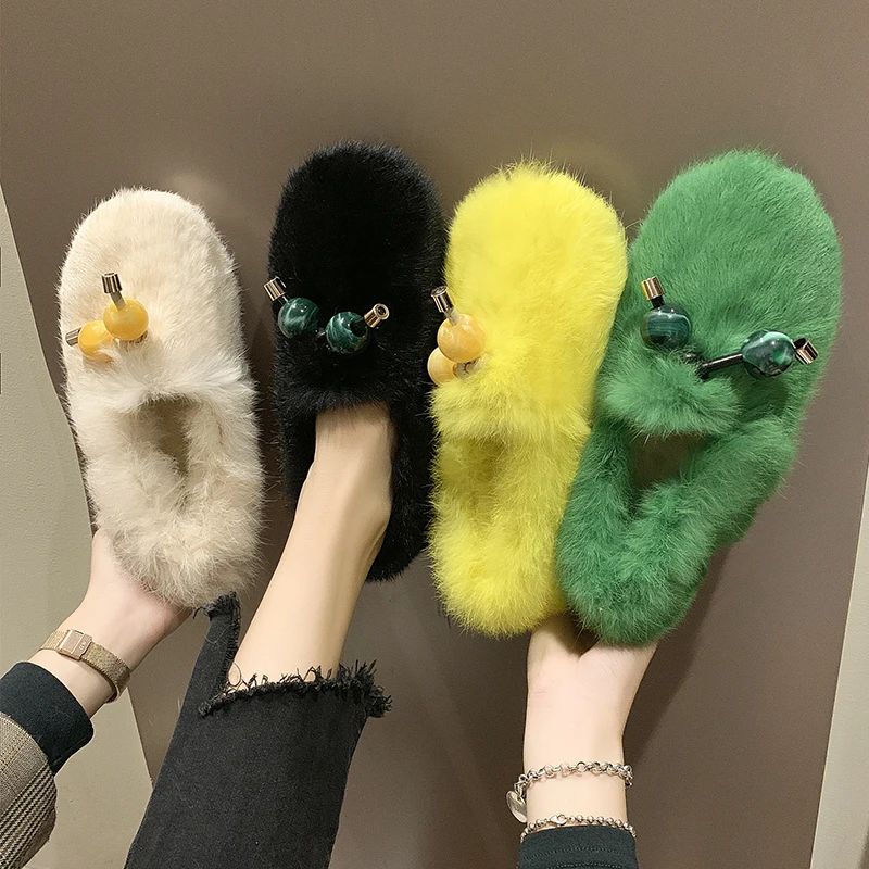 

2019 string bead fur comfortable candy colors women flats sweet winter plush shallow girl shoes ladies loafers zapatos de mujer