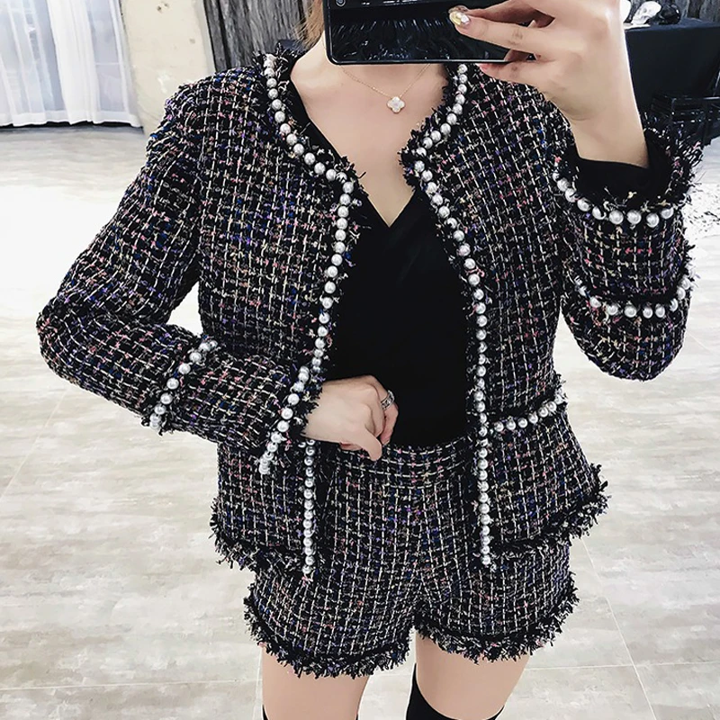 

SHTONGHUA 2019 Fall Winter Women 2 Piece Set Luxury Tweed Woollen Beading Pearls Fringe Thick Jacket Coat + Tassel Short Suits