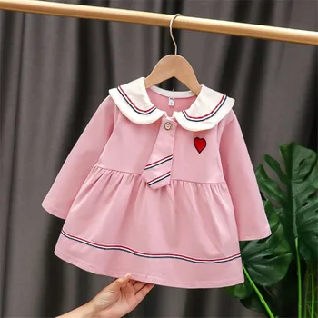 

Baby Girls Dresses baby Long Sleeve Autumn Clothes Heart Embroidery Tie Splicing Peter Pan Collar Cute Dress Children Outfits