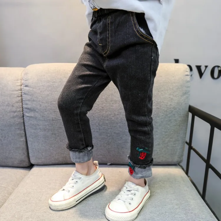 Girls' Trousers Autumn Medium-small Girls Strawberry Crimping Jeans Female Baby Autumn Clothing Korean-style Trousers