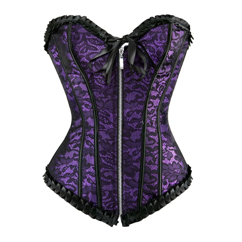 

Gothic Corset Top Plus Size Women Bustier Overbust Sexy Lace up Zipper Floral Lingerie Vintage Victorian Fashion Red Purple
