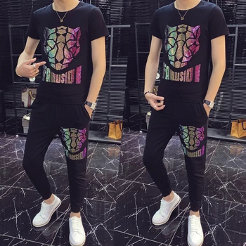 

Summer Personality Printing 2 Piece Set Men Slim Fit Outfits Men Set Short Sleeve T Shirt High Quality Tracksuit Top + Pant Men