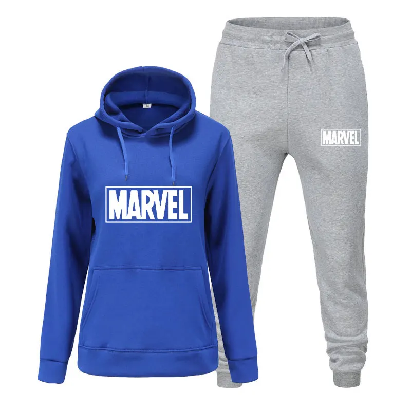 Женский спортивный костюм, зимняя флисовая куртка с капюшоном и принтом Marvel+ штаны, Толстовка для девочек, комплект из 2 предметов, толстовки, спортивный костюм, куртка - Цвет: blue