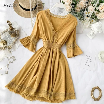 

FTLZZ Summer Dress Women Short Sleeve Sweet Party Dresses Sleeveless Floral Lace Hollow Out Patchwork Dress High Waist Vestido