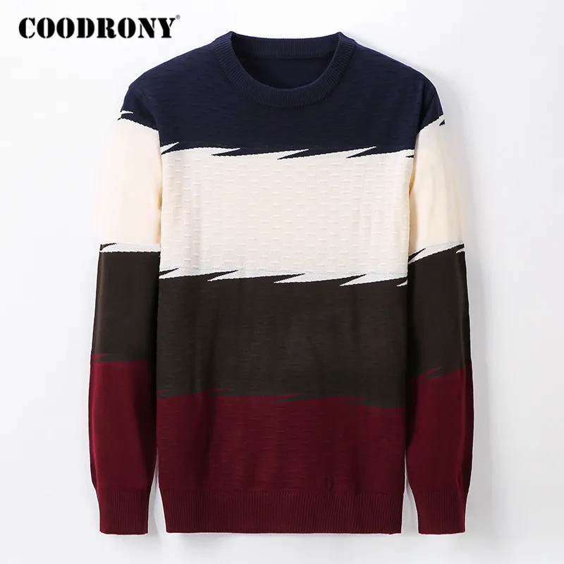 

COODRONY Brand Sweater Men Fashion Hit Color Striped Pullover Autumn Winter Knitwear Cotton Shirt Casual O-Neck Pull Homme Y1067