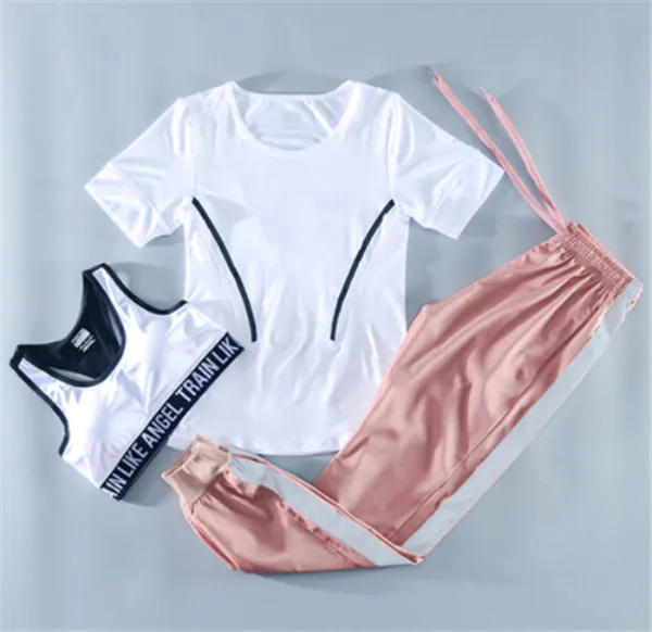 4 шт набор летний бег женщины спорт быстросохнущая футболка бюстгальтер сетчатые шорты+ Брюки Фитнес Спортивный костюм для йоги одежда тренировки - Цвет: 3 piece set h