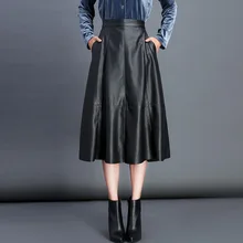 Элегантная женская плиссированная юбка из искусственной кожи с высокой талией, женские юбки миди на зиму и осень, кожаные женские черные юбки в складку