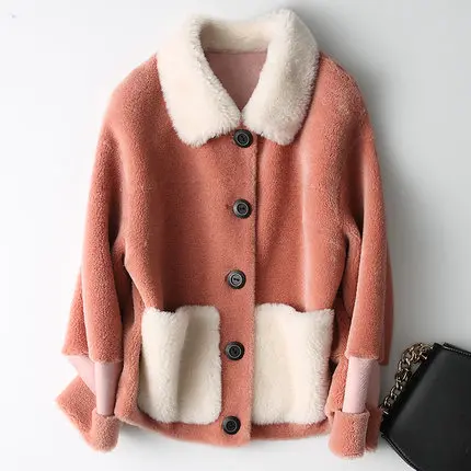 Pink Осенне-зимнее новое шерстяное пальто в гранулах, женское корейское меховое пальто с длинным рукавом для стрижки овец, верхняя одежда, модная Короткая Меховая куртка для женщин - Цвет: Pink
