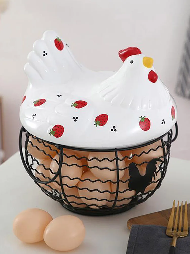 Metal Iron Egg Storage Basket Farm Style White Ceramic Chicken Cover Sturdy Metal Basket