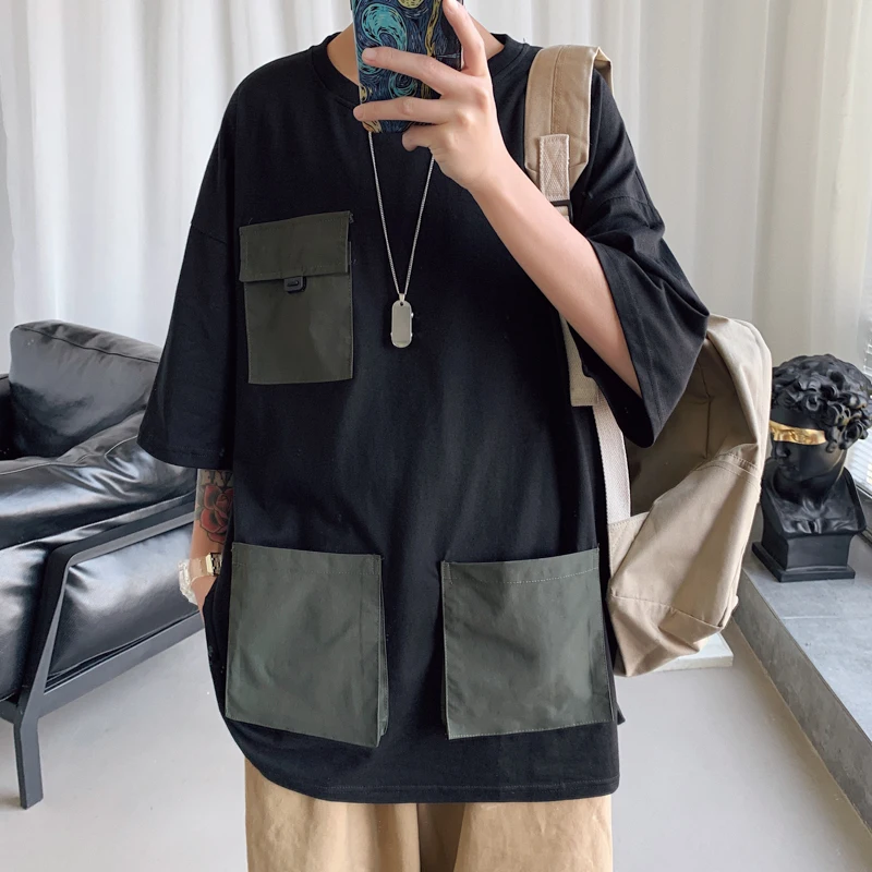 

Summer Pocket T Shirt Men's Fashion Contrast Color Casual Cotton T-shirt Men Streetwear Loose Short-sleeved Tshirt Mens Tops