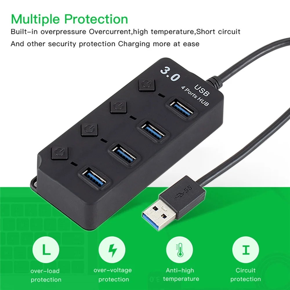Портативный USB 3,0 концентратор сплиттер 4 порта с переключателями вкл/выкл высокая скорость 5 Гбит/с несколько USB порт расширитель адаптер для ПК компьютера