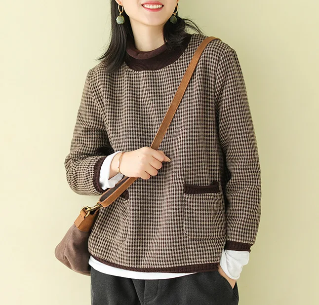 Coffee color Осенне-зимние толстовки женские Ретро Свободные флисовые Теплые Топы новые женские повседневные толстовки с круглым вырезом и карманами - Цвет: Coffee color