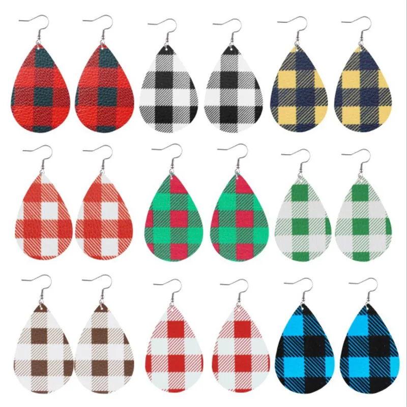 

Vintage Plaid PU Leather Teardrop Earrings For Women Trendy Water Drop Earrings Long Statement Jewelry Gift Friend Accessories