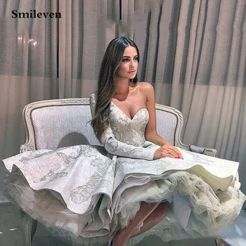 

Smileven One Shoulder Lace Prom Dress Ball Gown Short Robe de Soiree Long Sleeve Evening Party Gowns Knee Length Evening Dress