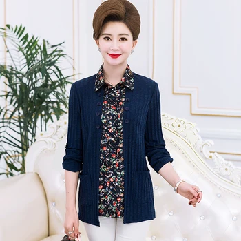 

Fake Two Pieces Tops For Women Long Sleeves T-Shirts 2020 Spring Fall New Large Size Middle Age Mother Tee Shirt Floral Knitted