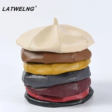 Wholesale 7 Colors PU leather Berets For Women Fashion Ladies Black Caps Stewardess Red Yellow Beret Autumn Winter Artist Hats