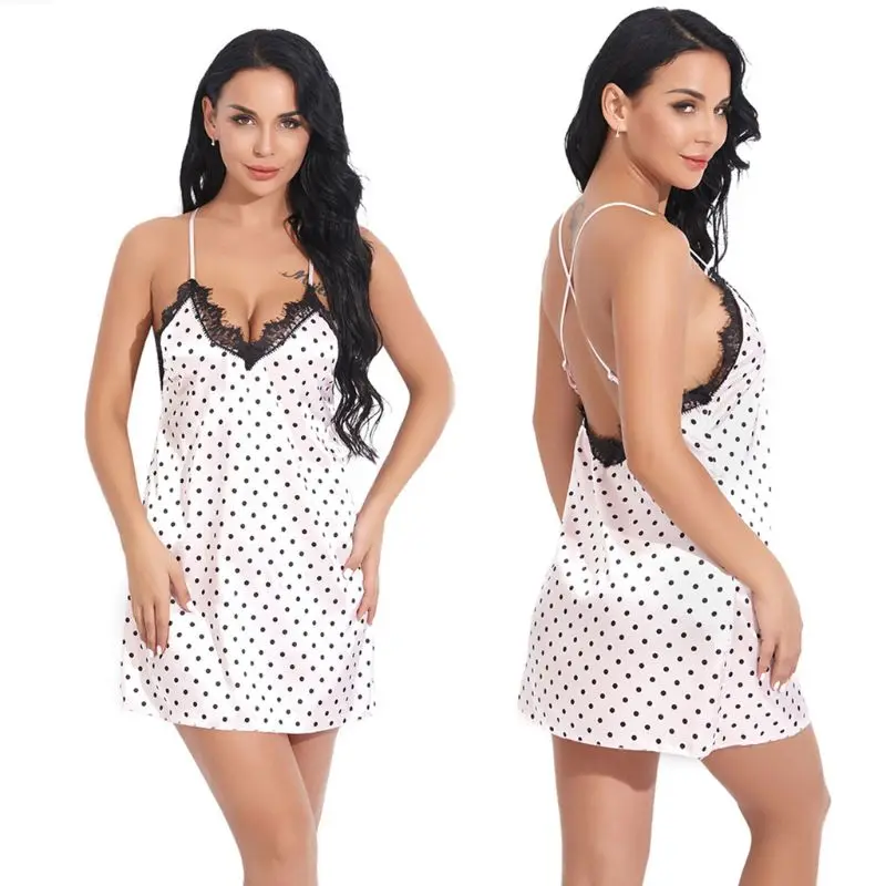 

Women Sexy Deep V-Neck Nightgown Eyelash Lace Trim Imitation Silk Sleepwear Backless Vintage Polka Dot Print Lingerie Dress