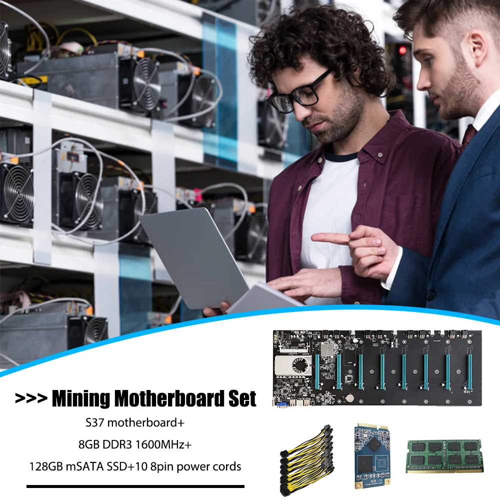 2021 BTC-S37 Mining Motherboard Set 8 CPU Miner Bitcoin Crypto Etherum Mining Set W/8GB DDR3 128GB MSATA SSD Power Cable D37 T37