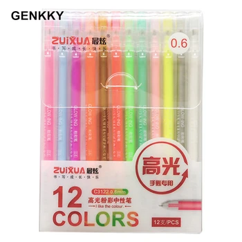 

12PCS/Set GENKKY Highlight Gel pen For Students Mark Color Pens Writing 0.6mm DIY Black Card Writing notes Gel Pens Set