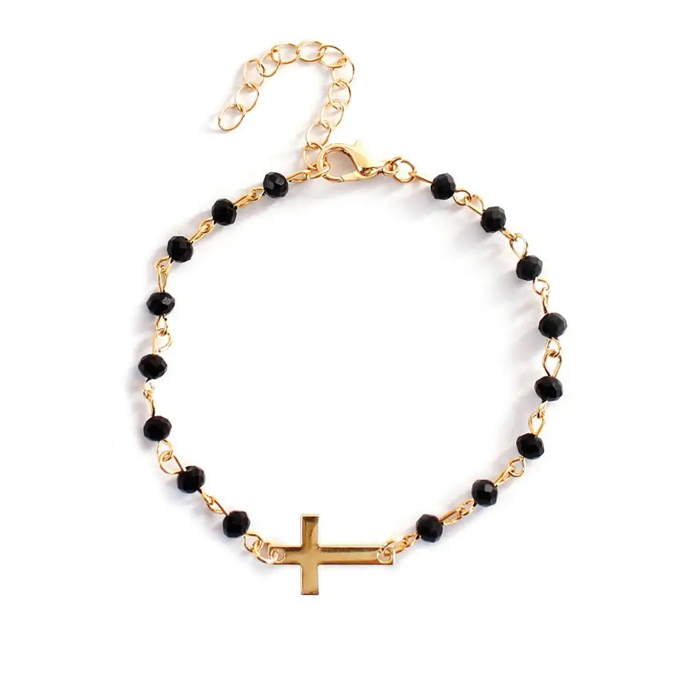 2021 Fashion Exquisite Black Beades Cross Bracelet Fashion Gold Color Metal Chain Bracelets