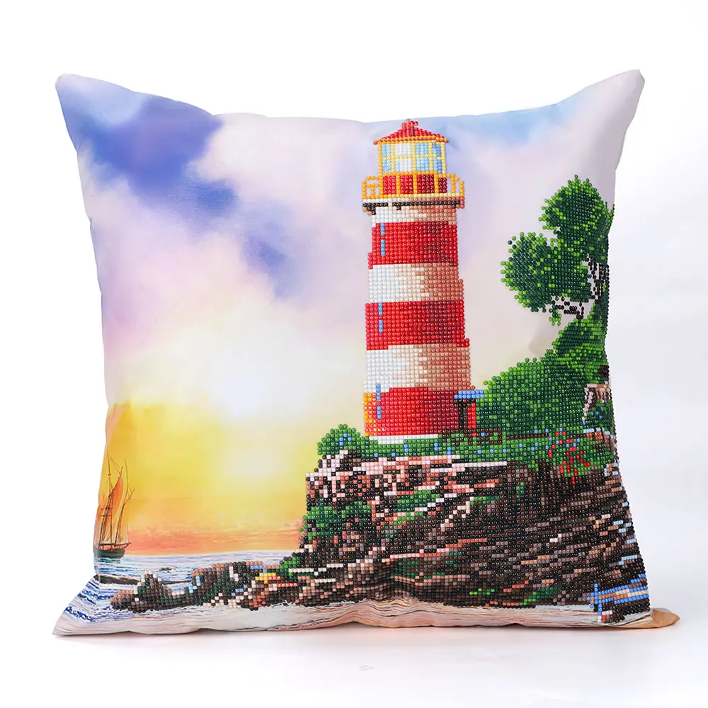 LighthousePartialRoundDrillDiamondPaintingCushionCover