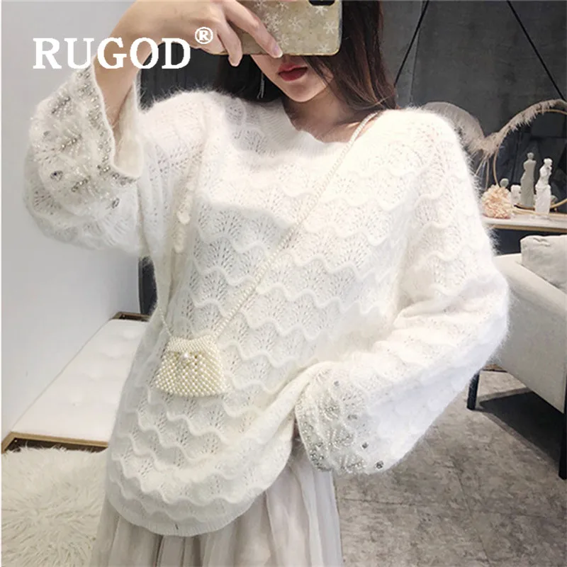 RUGOD, новое осеннее специальное поступление, женский белый свитер с круглым вырезом и жемчужными рукавами, Свободный вязаный пуловер, Модный женский элегантный пуловер