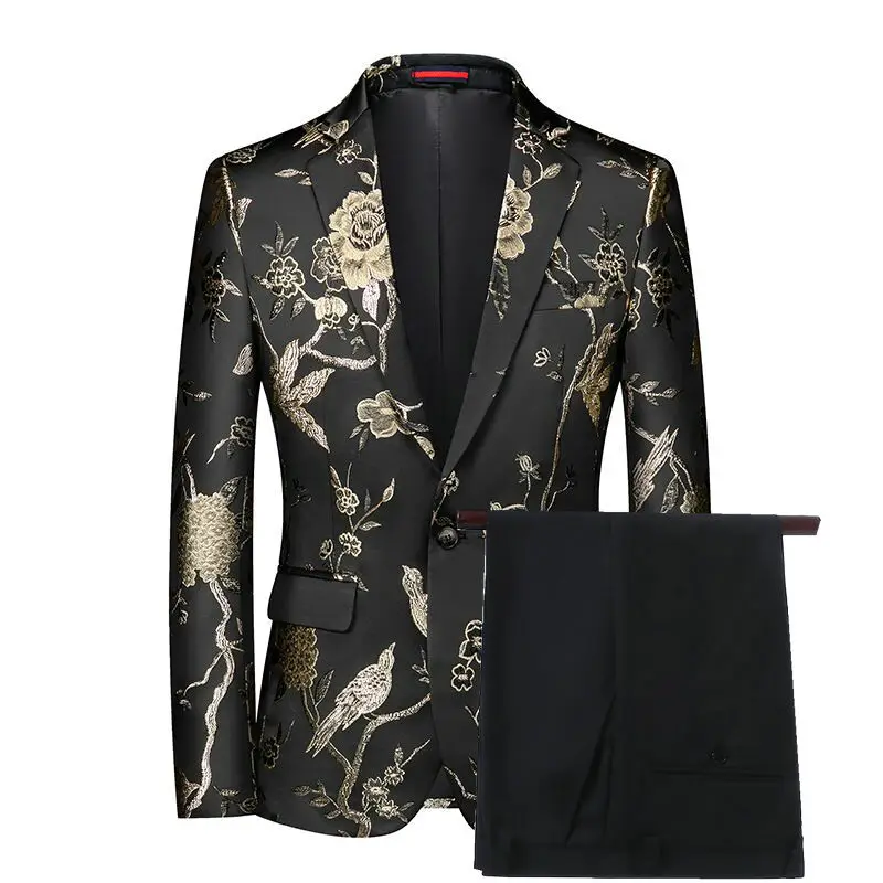 

2021 Gold Black Floral Tuxedo Suit Male Notch Collar Slim Fit Groom Dress Suits Mens Party Wedding Dinner Prom Terno Masculino
