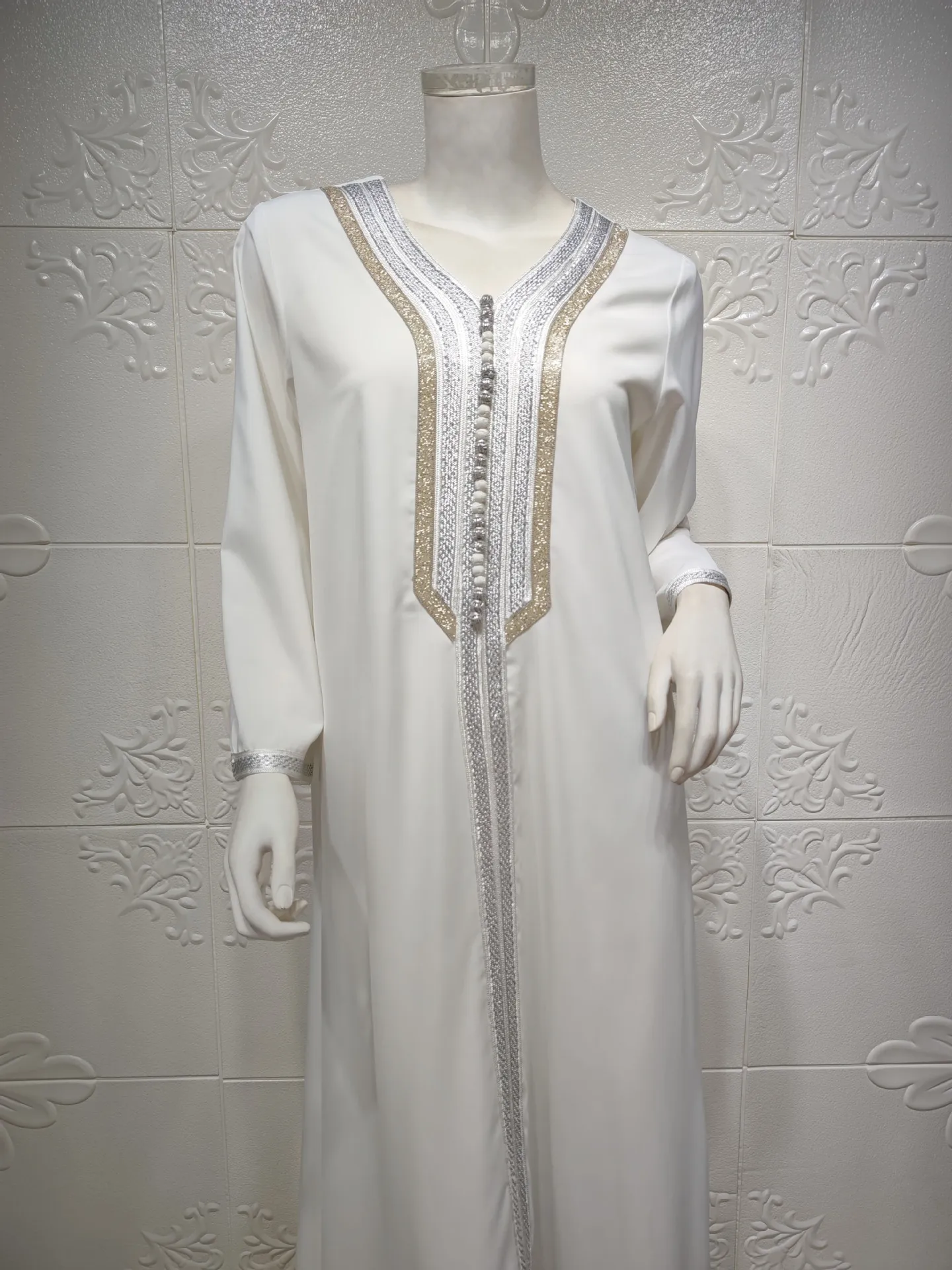 Neck Long Sleeve Jalabiya Dubai Abaya Dress Set for Women