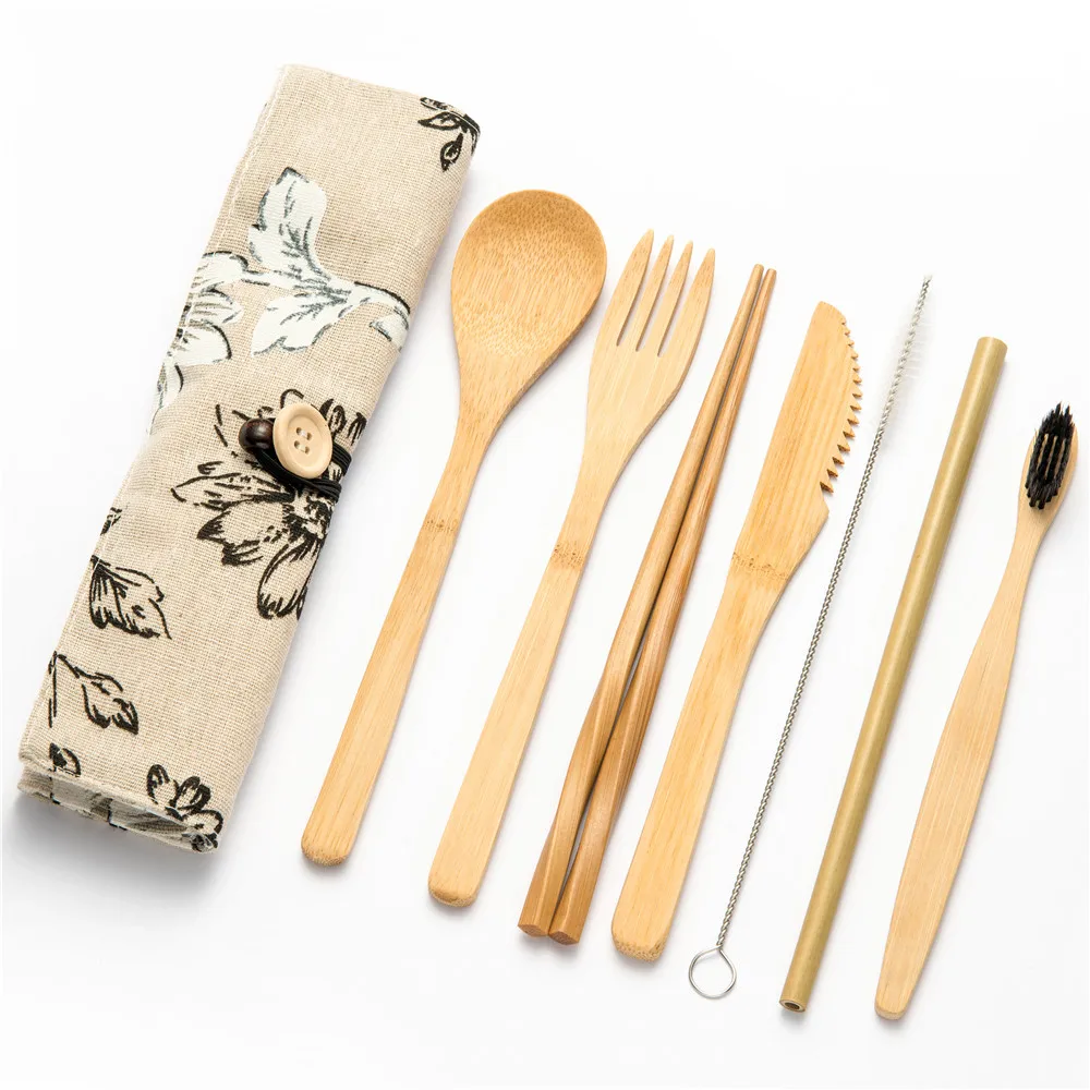 8pcs setB010 7/8/10 шт./компл. многоразовый бамбуковый набор деревянных столовых приборов вилка экологичный разделочная сумка офисных работников Пособия по кулинарии Кухня инструмент набор посуды - Цвет: 8pcs setB010