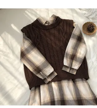 

New Spring robe Sleeveless vest knitted female Vintage Sweater Vests suits Women Dresses Female Dress plaid suits Robe Vestido