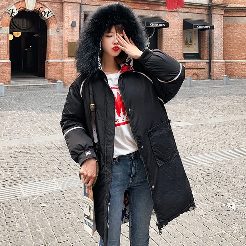 Online Fitaylor invierno chaqueta de mujer cálida con capucha Parkas grandes Cuello de piel bordado de doble cara abrigo grueso de algodón acolchado prendas de vestir