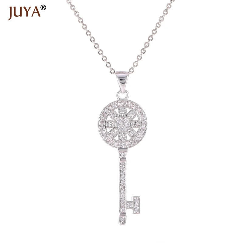 fashion statement necklaces for women Luxury Jewelry Copper Zircon Rhinestone Key Pendants Necklace Silver Femme - Metal Color: silver