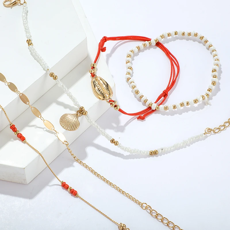 Tocona Layered Gold Shell Pendant Chain Ankle Bracelet On Leg Foot Jewelry Boho Charm Anklets for Women Accessories Mujer