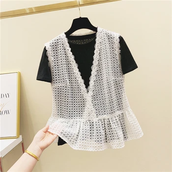 

2020 Summer New Korean V-neck Outer Wear Lace Shirt + Short Sleeve Loose Black T-shirt Ladies Tops Blusas Two-Piece