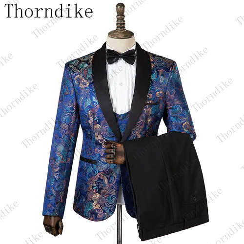 Thorndike Королевский Синий Облегающий медный узор костюмы новые модные мужские куртки+ брюки+ жилет из 3 предметов высокого качества мужской свадебный костюм - Цвет: 7