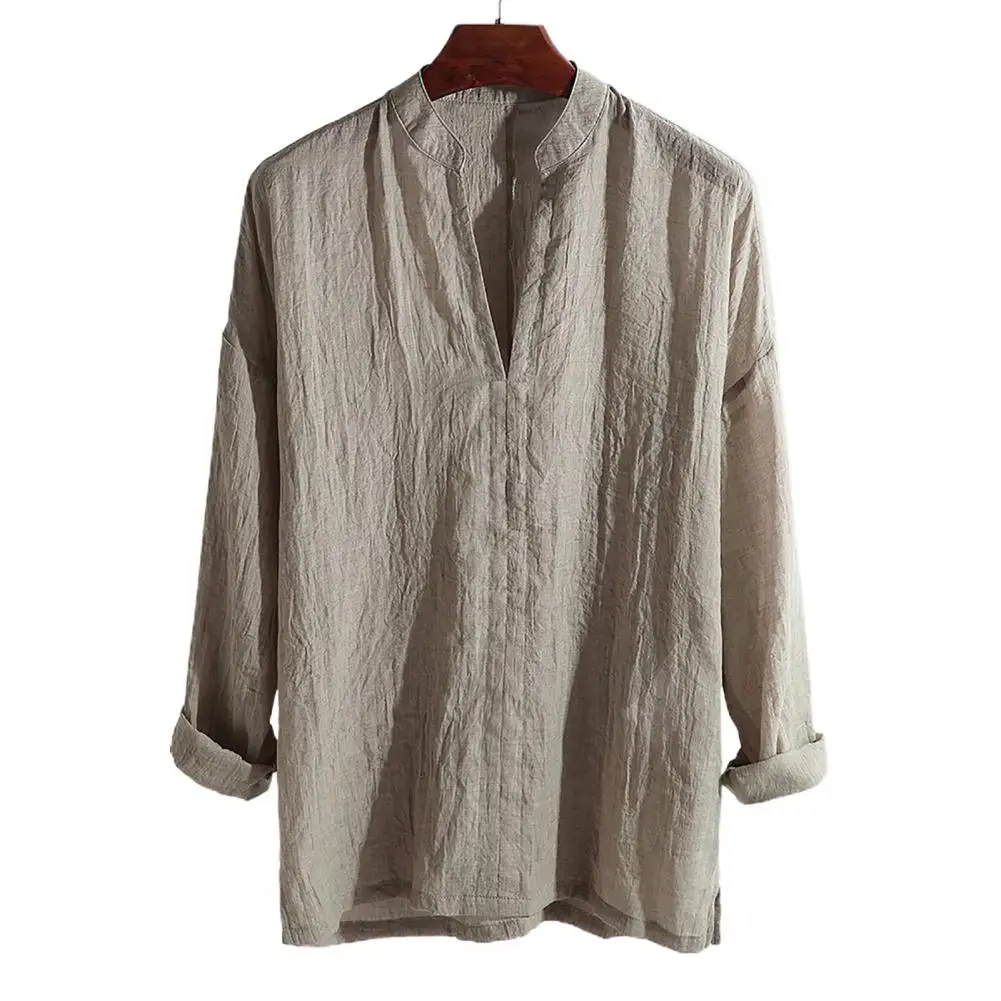 Men Solid Color Breathable Stand Collar Linen Shirt men casual shirt