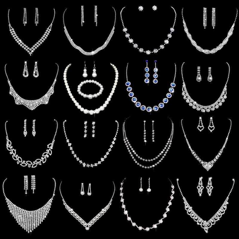 신부 보석 세트 라인석 펜던트 크리스탈 목걸이 & 귀걸이, 우아한 여성 미인 대회 파티 웨딩 액세서리 실버 도금 