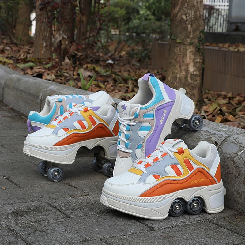 Chaussures de patin à roulettes de déformation portables, baskets à  roulettes Parkour, chaussures de course à quatre roues, chaussures unisexes  pour enfants - AliExpress