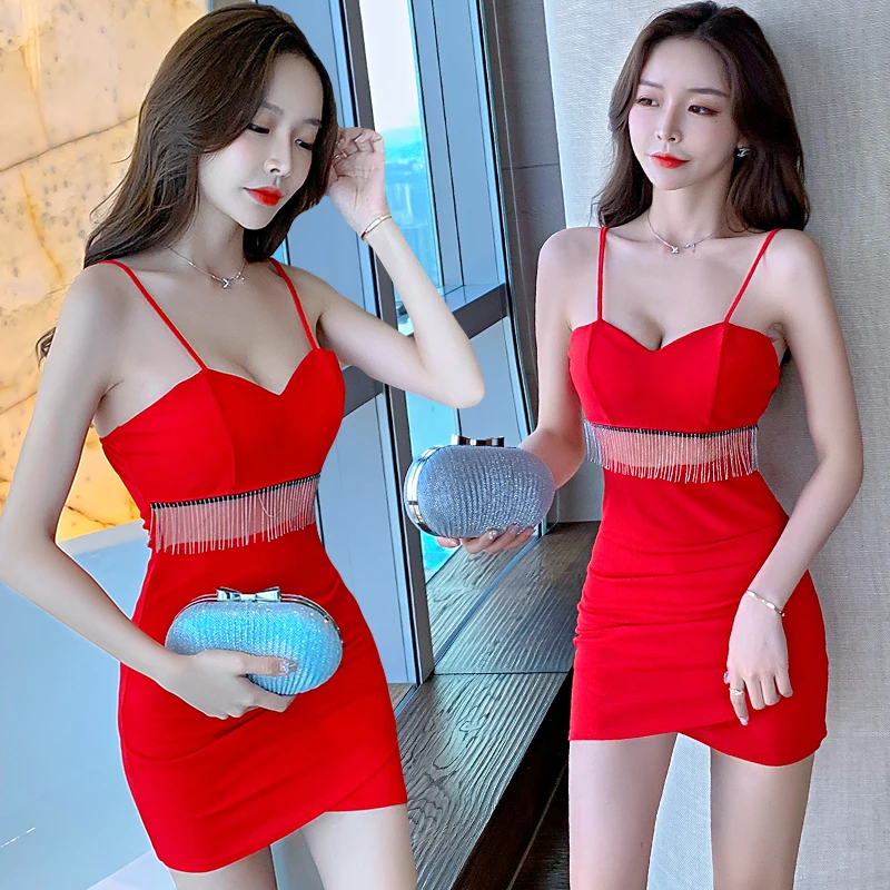 

Spring Summer Strap Tight Mini Dress Tassel Sleeveless Casual Dress Sexy Party Tight Buttocks Dress Female Birthday Gift