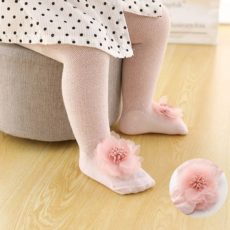 Summer New Baby Girl Tights Cute Lace Flower Bows Soft Cotton Thin Mesh