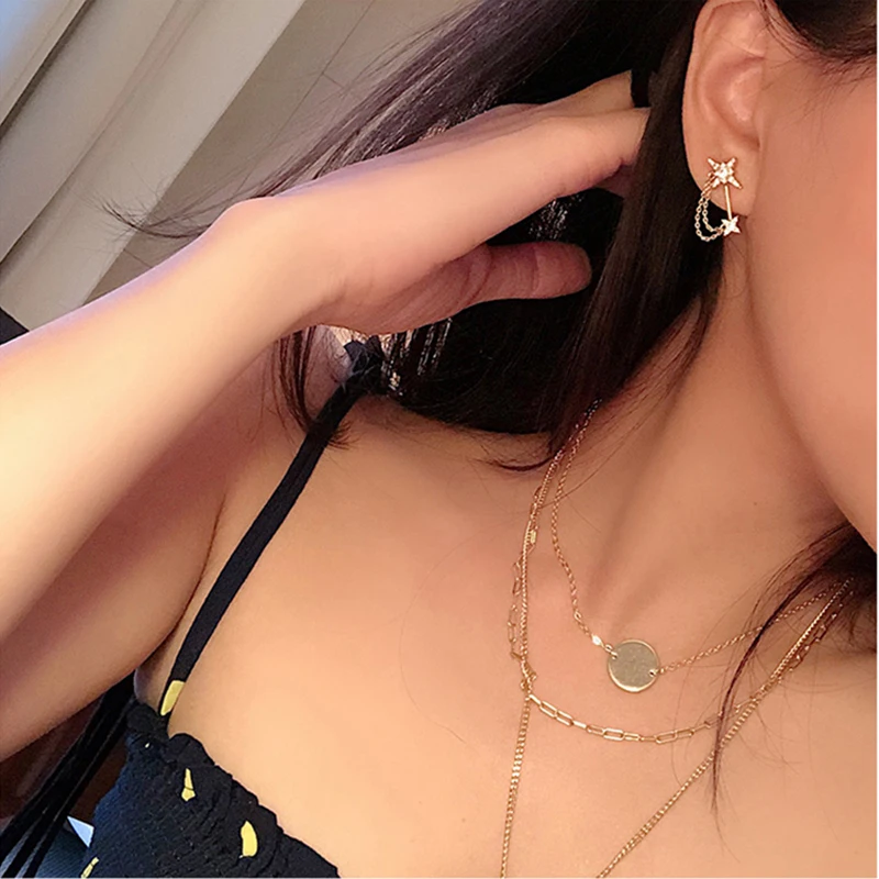 Peri'sBox Gold Zircon Asymmetrical Stud Earrings Dainty CZ Stone Starburst Earrings Chain Wrap Minimalist Earrings for Women