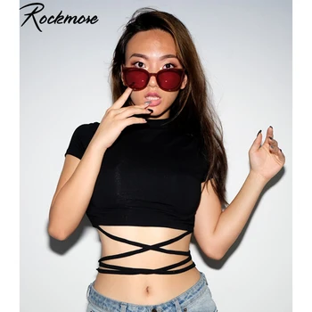 

Rockmore Criss Cross Bandage Tshirt Women Cotton Crop Top Short Sleeve O-neck Basic Shirts Streetwear Nightclub T-Shirts Ladies