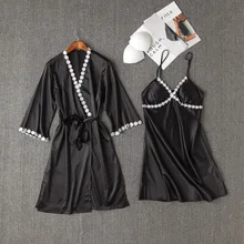 Черный комплект из 2 предметов, элегантное однотонное Женское ночное белье, ночная рубашка, Сексуальное Мини Ночное белье с глубоким v-образным вырезом, Повседневная Мягкая атласная домашняя одежда