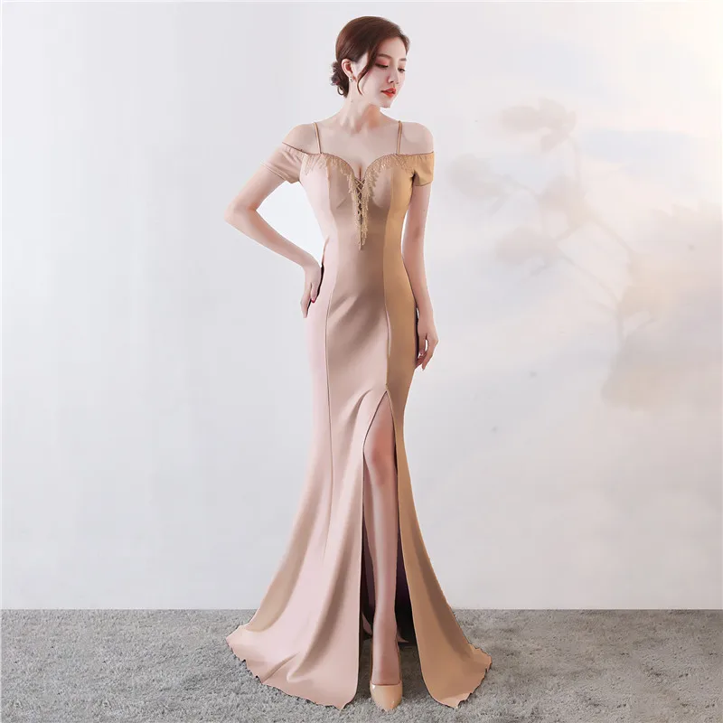 Champagne gold Skyyue вечернее платье с коротким рукавом и открытыми плечами Robe De Soiree, женские вечерние платья C139 - Цвет: Champagne gold