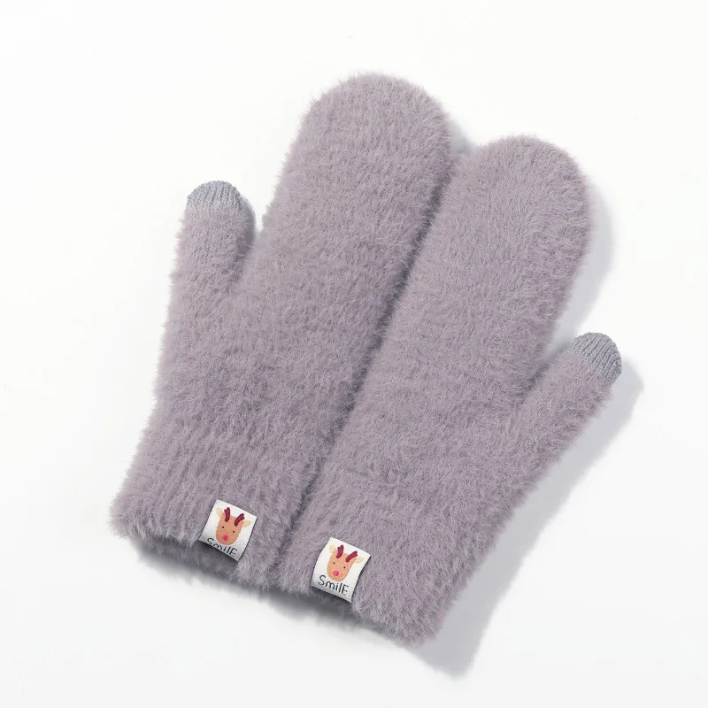 Вязаные плюшевые перчатки женские зимние уличные мешок палец ветрозащитный плюс бархат Теплый Сенсорный экран даже палец милый студенческий вариант - Цвет: Taro color