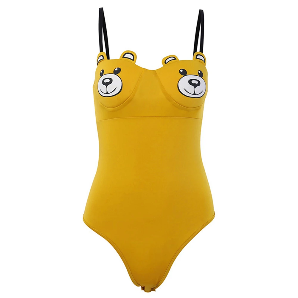 Cute Women Girls Bear Bodysuits Yellow Spaghetti Straps Rompers Outfits Sleeveless Bodycon Bodysuits Short Jumpsuits Overalls
