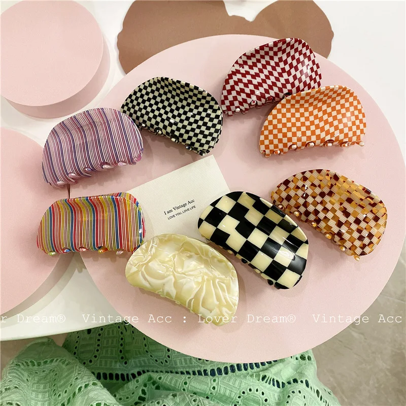 Hot Ins Checkered Hair Claw Clip Acrylic Acetate Black White Colorful Mosaic Grid Plaid Hair Clips Clamp Grab Women Accessories headwear set new women fashion claw clip coffee black acrylic large hair claw korean for girl clip barrette hair accessories